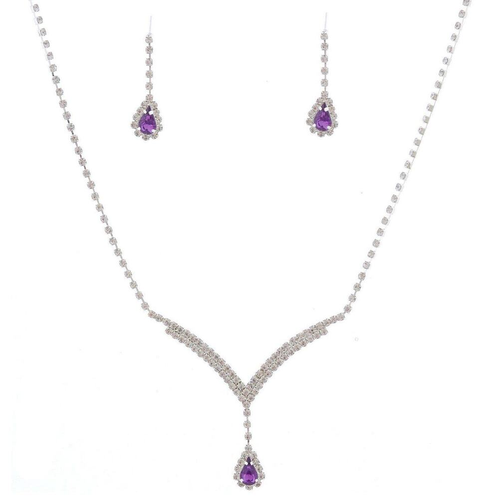 Diacly Y Shape Rhinestone Necklace Set Women OS Silver Clear Bridal Glam NEW - Picture 5 of 8